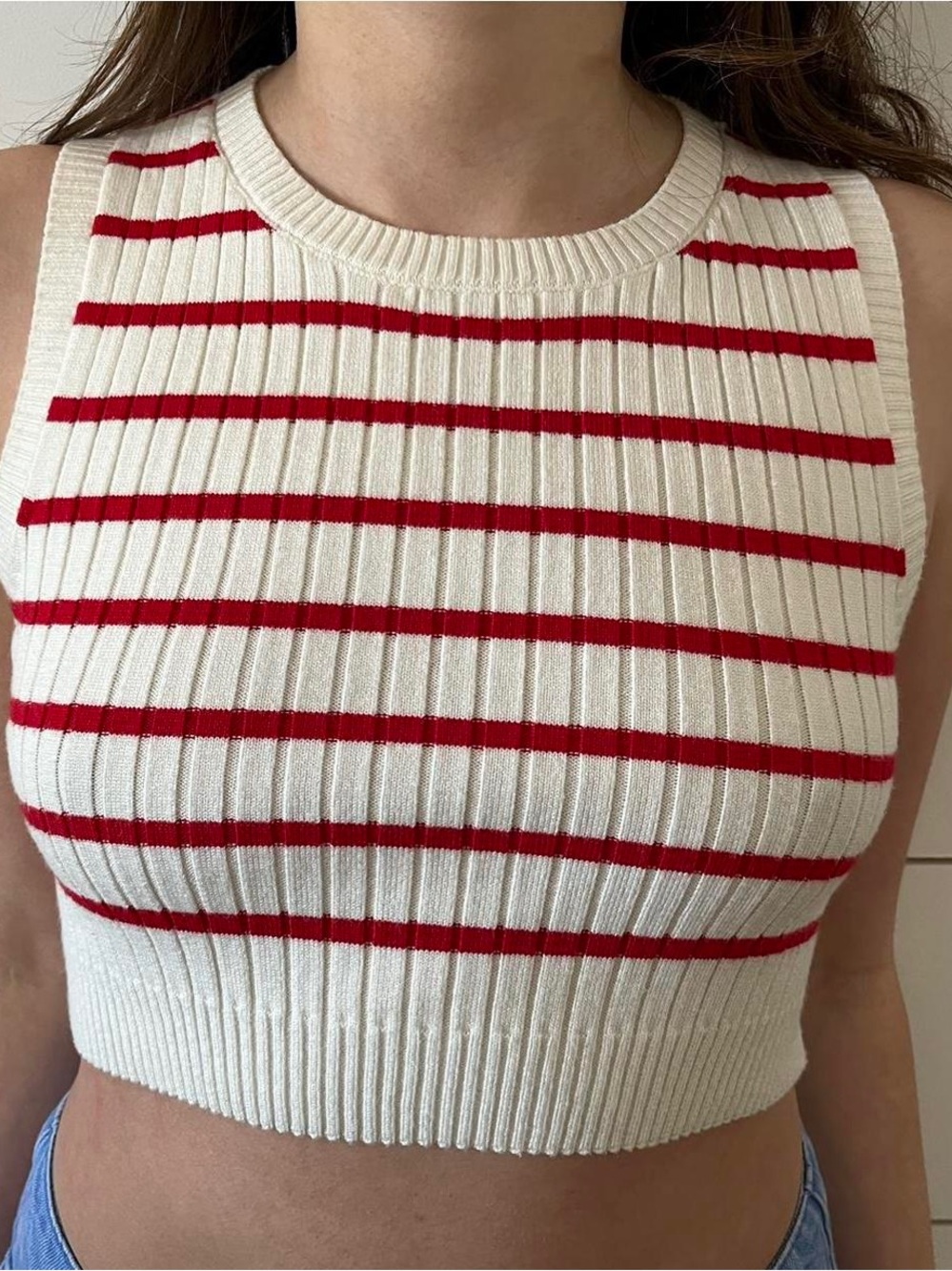 Princess Polly white and red striped ribbed knit crop top